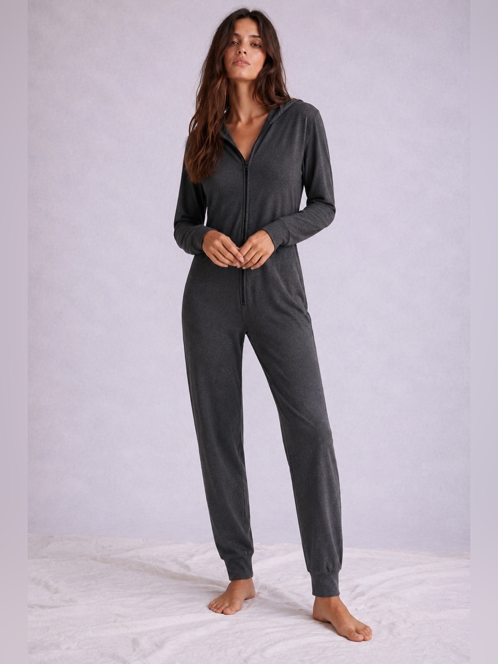 Smash + Tess Charcoal Gray Zip-Front Hooded Jumpsuit